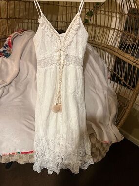 Boho Lace Cream Midi Dress with Tassel Tie